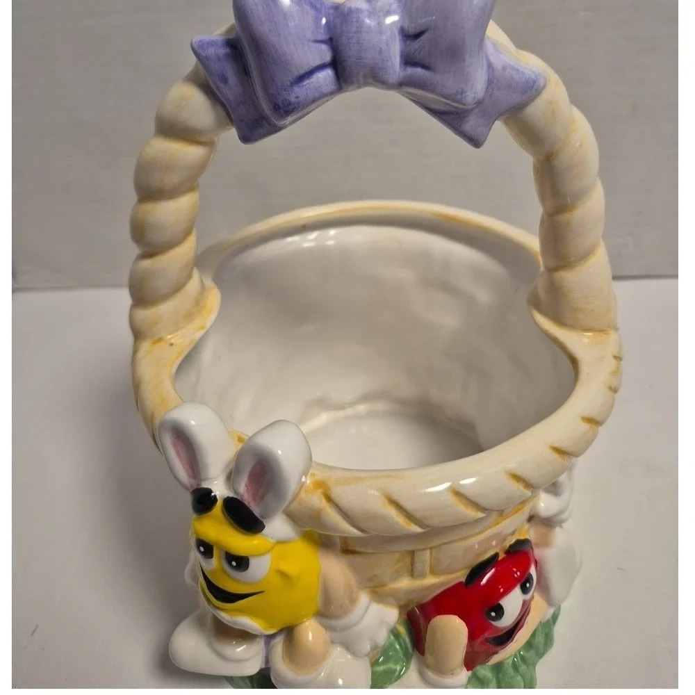 M&M's Ceramic Easter Basket Candy Dish Yellow Red Bunny Ears FTD Multi Vintage